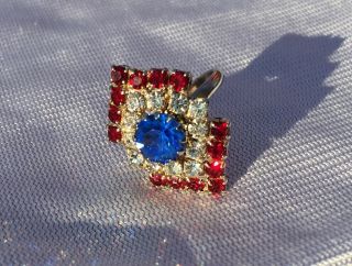 Vintage Gold Tone Red White And Blue Rhinestone Adjustable Ring
