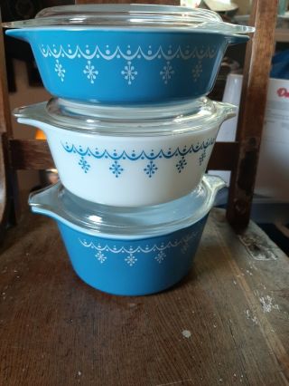 Vintage Pyrex Blue Snowflake Garland Casseroles W/lids - 471 472 473