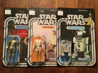 Vintage Star Wars Figures X3,  Kenner 1977 - C - 3po,  Luke Skywalker And R2 D2 On Re