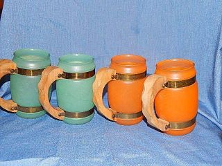 4 Vintage Siesta Ware Barrel Mugs Retro Barware Wood Handle 2 Green 2 Orange