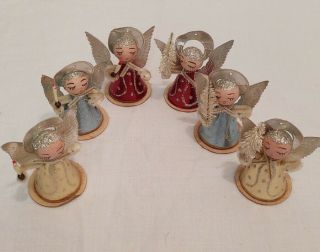6 Vintage Cardboard Christmas Angel Choir Spun Cotton Chenille Pipe Cleaner Foil
