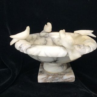 Vintage Italian Hand Carved Alabaster Marble Bird Bath W/4 Birds Doves On Rim