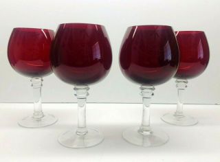 Vintage Ruby Red With Clear Stem 16 Oz Crystal Wine Balloon Glasses 7.  5 " Tall