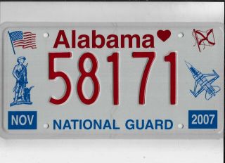 Alabama 2007 License Plate " 58171 " National Guard