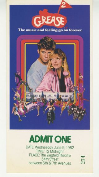 Grease 2 Movie/film Ticket June 9,  1982 Nyc Premiere Admission Ticket Vintage