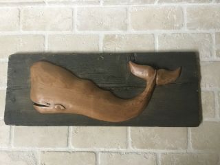Hand Carved Sperm Whale Vintage Wood Plaque Primitive 7.  75” X 20”