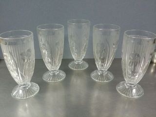 Set Of 5 Vintage Jeannette Glass Iris & Herringbone 6 1/8 " Footed Tumblers Clear