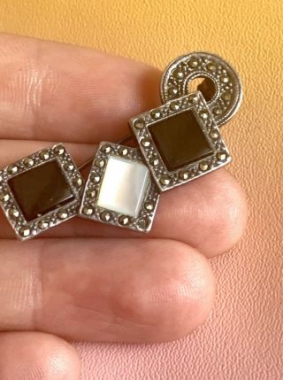 Vintage Art Deco 925 Sterling Silver Onyx Marrcasite Pearl Inlay Brooch Pin 2