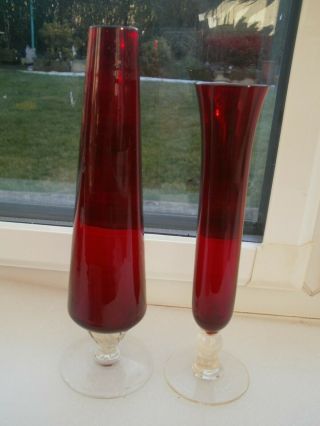 Vintage Retro 2 X Ruby Red/clear Glass Bud Vases Vgc
