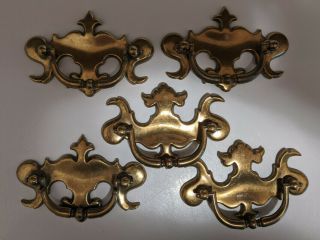 Set Of 5 Vintage Fd Large Gold Ornate Brass Drop Handle Drawer Pulls 4.  5 " X 3 "