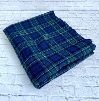 Wool Plaid Fabric 58” Wide X 71” Long Navy Blue Green Vintage Damage