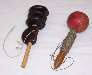 Vintage Wood Toys,  Spinning Tops.  Wooden Rattle.  With String