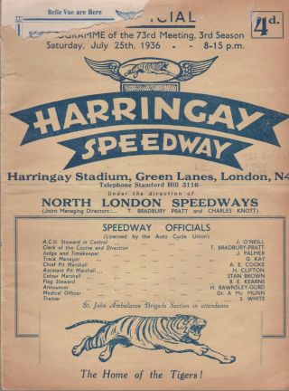 Vintage 1936 Harringay V Wimbledon Speedway Programme