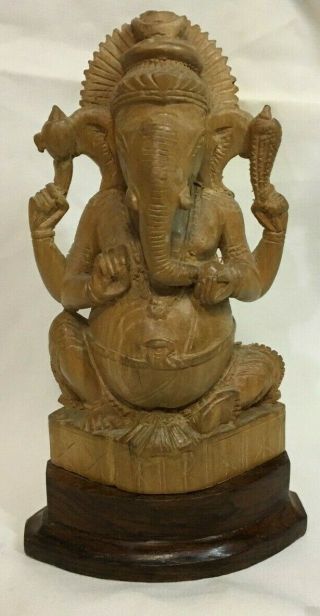 Vintage Wooden Carved Ganesha Statue - Hindu India Deity Elephant God