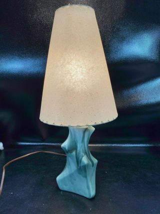 Vtg Mid Century Ceramic Green Lamp 21 " Tall Fiberglass Shade Retro Pointy Design