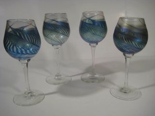 Robert Held Studios Vintage Art Glass Pulled Feather Stem Wine Glasses (4)