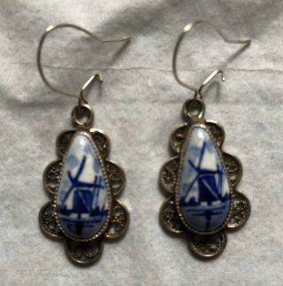 Vintage Delft Silver Filigree Earrings (blue And White Windmill) - Pierced Ears