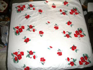 Wilendur Tablecloth Red Clematis Floral Flowers Cotton 48 " X 54 " 1950s Vtg