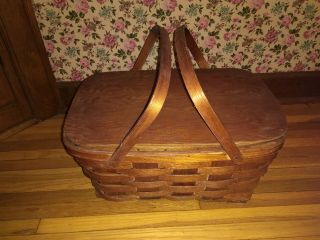 Vintage Woven Wood Picnic Basket W/ Wooden Hinged Lid & Handles 18 X 12 X 9