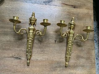 2 Vintage Solid Brass Wall Candle Holder Double Arm Sconces 14”