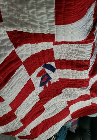 Handmade Patchwork Quilt Twin 70 X 61 " Red,  White & Blue Vintage Primitive Quilt