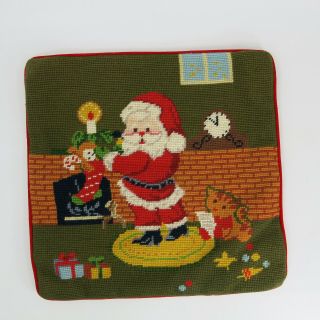 Vintage Wool Needlepoint Santa Christmas Pillow Red Velvet On Back 14 " X14 "