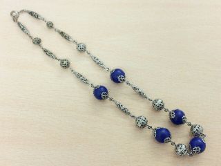 Vintage Chrome & Lapis Blue Glass Bead Necklace By Jakob Bengel 1930