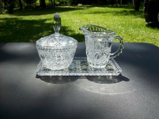 Vintage Cut Glass Creamer/ Sugar Set With Serving Tray