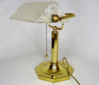Bankers Vintage Desk Lamp Light With Clear Ribbed Glass Shade Brass Octagon Base
