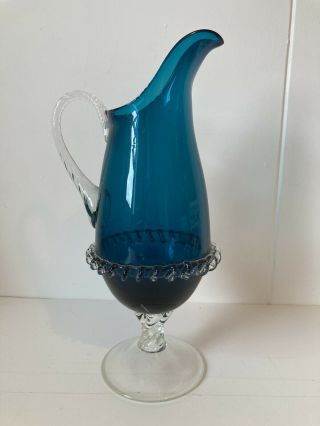 Vintage Murano Art Glass Jug Pitcher Blue Green Retro