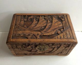 Large & Heavy Vintage Hand Carved Brown Wooden Trinkets Box Boat Design W/ Brass