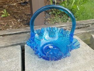 Vintage Fenton Art Glass,  Colonial Blue Hobnail 8 Inch Basket Made In West Va.
