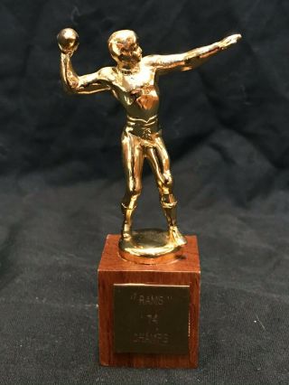 Vintage Football Trophy Wood Base Metal Topper Mid Century 1974 Rams Champs 4.  5”