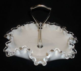 Vintage Fenton White Milk Glass Silvercrest Center Handle Bonbon Candy Dish Bowl