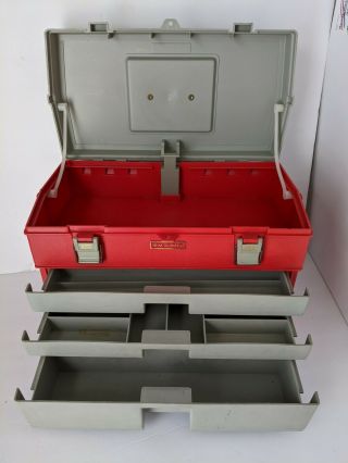 Vintage Plano 833 Tackle Box Red & Grey W/top Storage & 3 Drawer Locking System