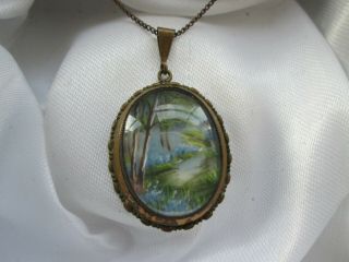 Vintage Signed Thomas L Mott Hand Painted Bluebell Wood Tlm Pendant Necklace