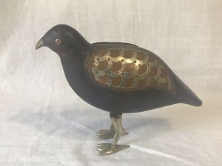 Unique Antique Vtg Wooden Carved Bird With Brass,  Silver,  Copper Overlayment