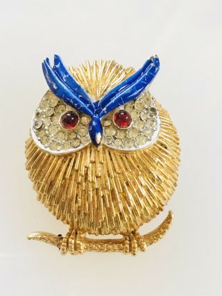 Adorable Vintage 1980’s Textured Gold - Tone Owl Pin/brooch W/red Cabochon Eyes