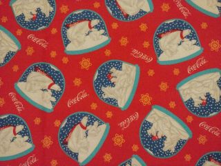 Vintage Coca Cola Fabric Sewing Material Red Polar Bears Cubs Snow Globes 1 Yd