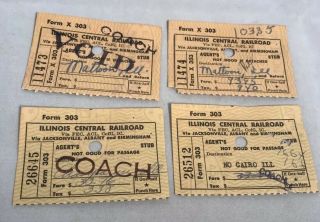 4 Vintage Illinois Central Railroad Train Railroad Agents Ticket Stubs 1962