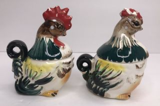 Vintage Chickens Rooster Hen Salt & Pepper Shakers Sugar Bowl Set Ceramic Japan