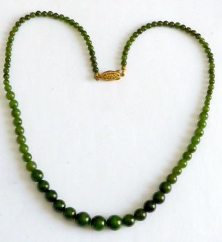A Vintage Nephrite Jade Beaded Necklace With Gold Plated Clasp
