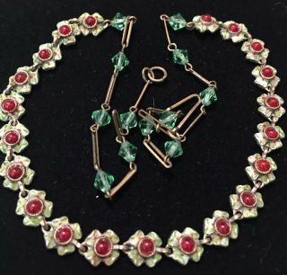 Vintage Jewellery Art Deco Czech Faux Ruby And Enamel Floral Link Necklace