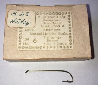 Vintage Mustad Limerick Fishing Hooks For Fly Tying Size 6 Qual 3665 A
