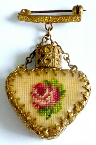 A Vintage 1940s Heart Shaped Petit Point Rose Perfume Bottle Brooch