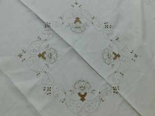 VTG Linen Tablecloth Hand Embroidered Golden Beige Flowers Cutwork 43 