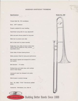 Vintage Ad Sheet 2521 - 1970s Buescher Musical Instrument - Aristocrat Trombone