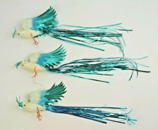 3 Vtg White & Blue Felt Handmade Birds W/ Blue Ribbon Streams Tree Ornaments