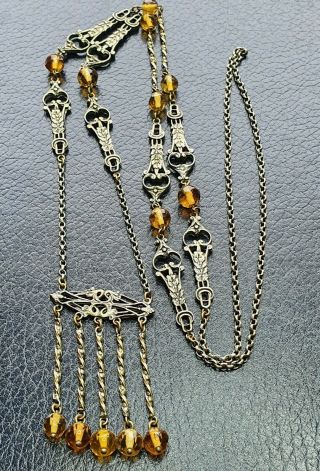Vintage Czech Art Deco Amber Glass Bead Ornate Flapper Necklace