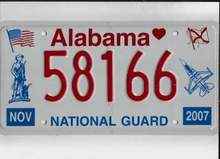 Alabama 2007 License Plate " 58166 " National Guard